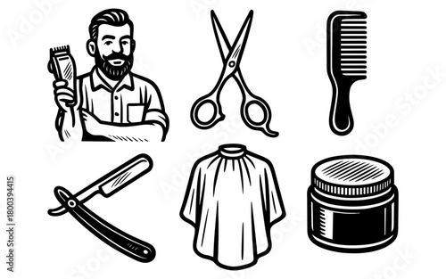 Vintage barber tools and accessories collection in monochrome style