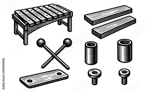 Hand drawn musical instrument construction set: xylophone elements and assembly parts