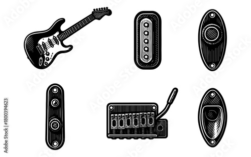 Electric guitar parts in retro sketch style for music enthusiasts