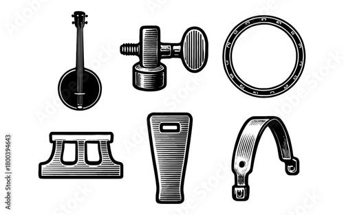 Vintage banjo and accessories: hand-drawn musical instrument elements