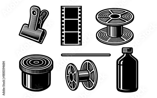 Vintage photography equipment icons in retro black and white style
