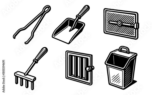 Black and white garden and fireplace tools set in bold style
