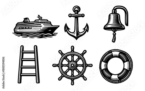 Nautical icons: cruise ship, anchor, bell, ladder, wheel, life ring