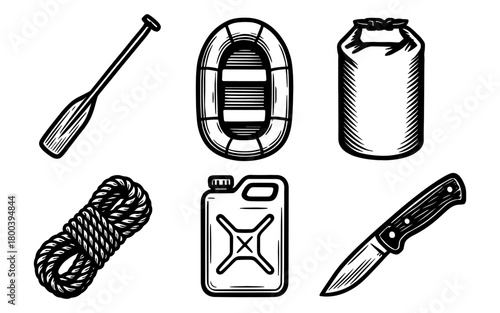 Camping and outdoor gear tools in vintage engraved style