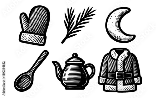 Vintage winter collection with teapot, mittens, and pine branch in black and white