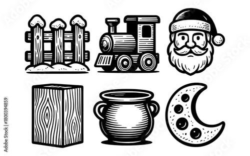 Retro winter icons: santa, train, moon, fence, pot, woodblock in black and white