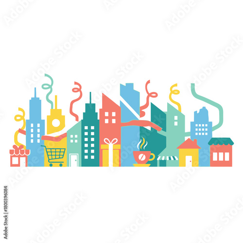 Single Vector Icons of Colorful Cityscape with Festive Decorations and Shopping Elements. EPS Editable