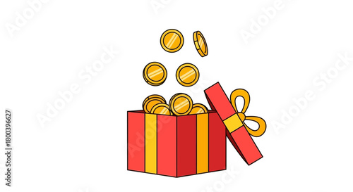 Single Vector Icons of Gift Box Overflowing with Golden Coins. EPS Editable