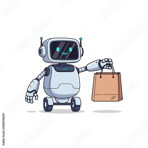 Single Vector Icons of Friendly robot delivering shopping bag with a smile. EPS Editable