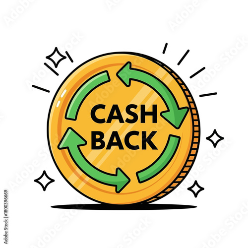 Single Vector Icons of Golden Coin with Cashback Arrows and Sparkles. EPS Editable