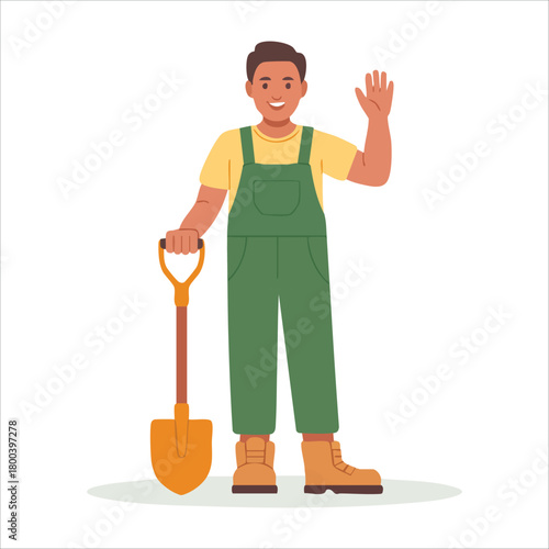 farm worker with shovel standing in harvest field vector art isolated on white background