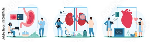 Medical analysis for diseases diagnosis of internal organs set. Tiny people with magnifying glass research human kidneys, check health of heart and stomach with equipment cartoon vector illustration