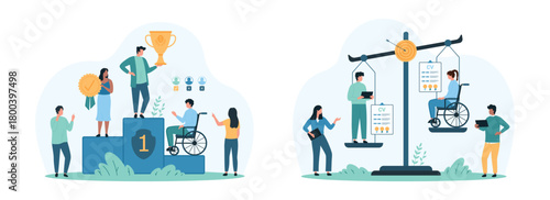 Recruitment ableism, unequal job opportunity set. Tiny people compare CV of employees on scales, characters of HR team reject resume of person with disability, black skin cartoon vector illustration