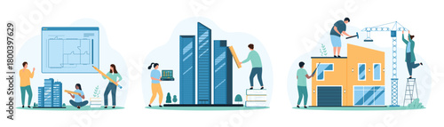 Build and home repair by architects and engineers set. Tiny people with professional tools and construction crane repairing house, drawing floor plan, improve building cartoon vector illustration