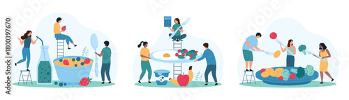 Healthy breakfast food and drink set. Tiny people holding plate with morning meal, spoon and forks to eat summer salad and oatmeal, monitor calories with calculator cartoon vector illustration