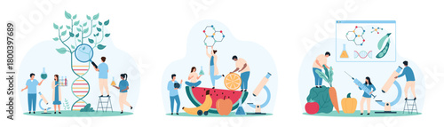 Food quality test, science analysis in laboratory set. Tiny people research safety of fruit and vegetables with lab microscope, holding chemical molecule and flask cartoon vector illustration