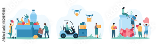 Charity social campaign, delivery of donations set. Tiny people on forklift and drones delivering boxes of hearts, give and donate red hearts of love gifts to glass jar cartoon vector illustration