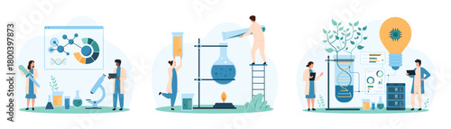 Science research, genetic, chemical experiment and biotechnology set. Tiny people boiling reagents for chemical reactions, grow sprouts in test tube with innovation cartoon vector illustration