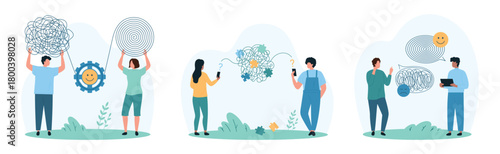 Communication problems solving, psychology set. Tiny people with miscommunication transform chaotic thread into order, connect phone with line wire and puzzle to understand cartoon vector illustration
