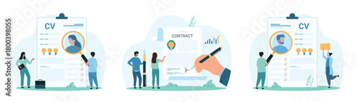 HR research, employment set. Tiny people people looking through magnifying glass at profile portrait on resume of man and woman, employees hand signing contract of hiring cartoon vector illustration