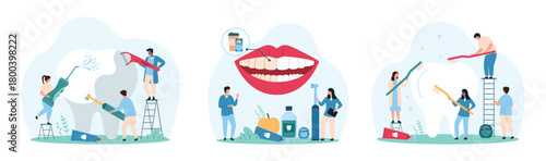 Professional teeth hygiene in clinic and home set. Tiny people check white and yellow dirty teeth in smile, clean tooth with electric toothbrush and irrigator, dental floss cartoon vector illustration