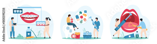 Dental care, oral hygiene set. Tiny people check health of mouth and teeth with orthodontic braces, dentists clean tongue with scraper and toothbrush, eat healthy food cartoon vector illustration