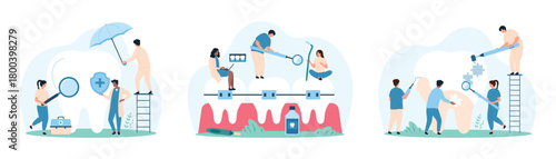 Dental insurance and care, orthodontic treatment in clinic set. Tiny people protect tooth with shield and umbrella, check teeth health and clean plaque on white enamel cartoon vector illustration
