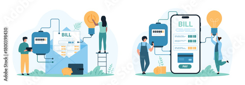Electricity bill payment set. Tiny people check electric meter readings and invoice on smartphone screen and paper envelope to pay for electricity consumption from budget cartoon vector illustration