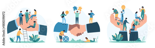 Support for office employees wellbeing, corporate insurance and success of cooperation set. Giant businessmans hands hold tiny people at workplace, leaders handshake cartoon vector illustration