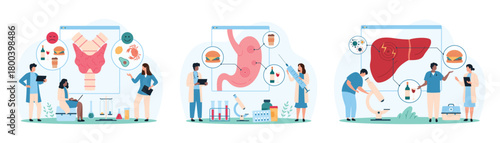 Bad effects of fast food and alcohol on stomach, thyroid and liver health set. Tiny people study cell sample through microscope and medical charts, warning about danger cartoon vector illustration