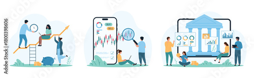 Bank account, stock market trade with AI and mobile app set. Tiny people research Japanese candlestick chart with magnifying glass, work on financial graph analysis cartoon vector illustration