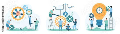 Effective cooperation, teambuilding and marketing strategy of partners. Tiny people moving gears with tools and wrench, building collaboration and light bulb project cartoon vector illustration