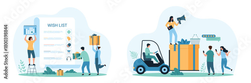 Wishlist for shopping, gift of giveaway set. Tiny people carry big box of prizes on forklift, check planner on spiral paper sheet with filled list of personal favorites cartoon vector illustration