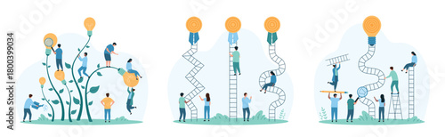 Simplicity in solutions, solving problems set. Tiny people climb stairs to goal hard and easy way, research with magnifying glass light bulbs of ideas, path to target cartoon vector illustration