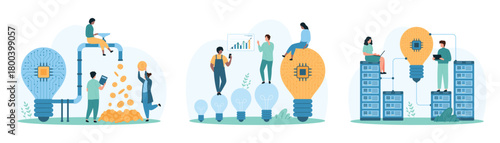 Sponsors investment in digital project, monetization and hosting. Tiny people make money from light bulb with circuit inside, work with connection of servers and lamps cartoon vector illustration