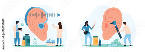 Diagnosis and treatment of hearing problems set. Tiny people examine big human ear with hearing aid and deafness disability, check ears infection at otoscope examination cartoon vector illustration