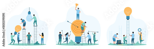 Change to new innovation, business goal achievement and solution set. Tiny people replace dark light bulb, climb up ladder to reach lamp, employees hit target with arrows cartoon vector illustration