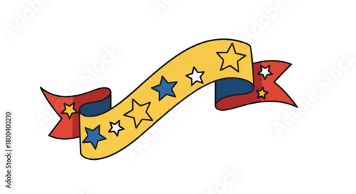 Colorful curved ribbon banner with stars decoration.