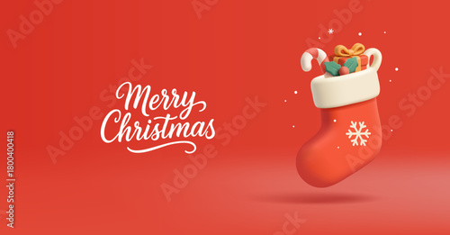 Merry Christmas, red modern banner for greetings. 3D sock with gift, candy, holly berry. Festive, winter, traditional design. Vector illustration.