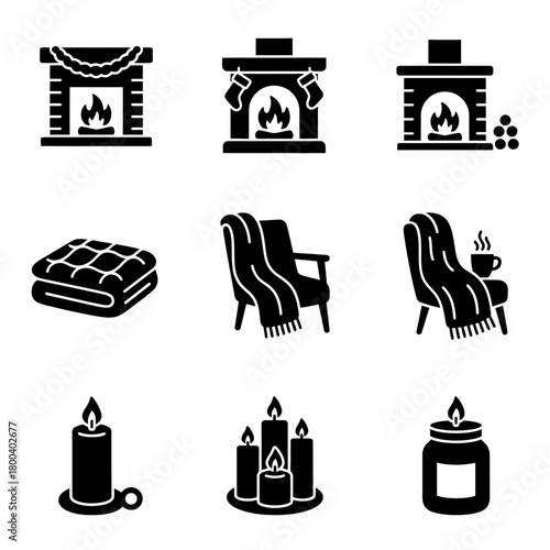 Cozy fireplace icon set in minimalist style with black color scheme