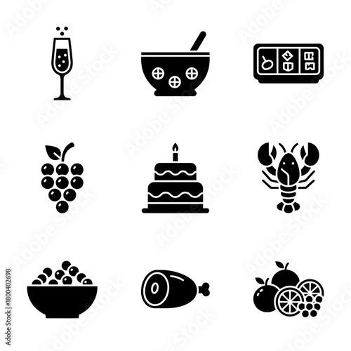 Icon set featuring food and drink items in a minimalist style