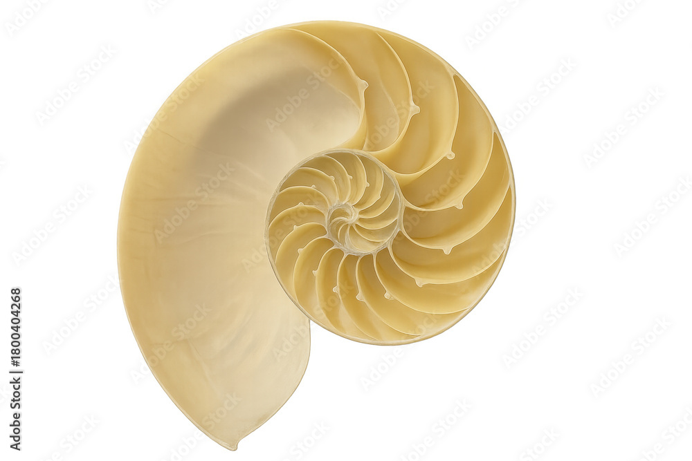 Obraz premium Nautilus shell cross-section revealing internal logarithmic spiral chambers, showing golden ratio and fibonacci sequence on transparent background
