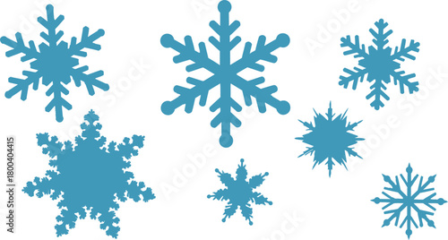 Collection of blue snowflake shapes on a white background for winter