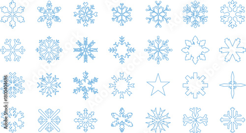 Collection of various delicate blue snowflake designs for winter decoration