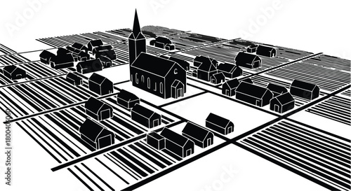 Stylized aerial view of a quaint village with a central church and surrounding homes.