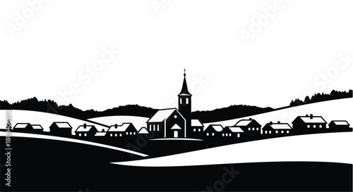 Charming village nestled amidst rolling hills under a clear sky.