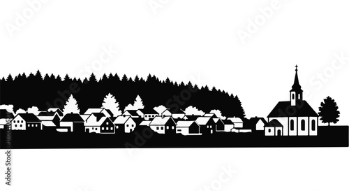 Charming village silhouette nestled beside a dense forest with a prominent church steeple.