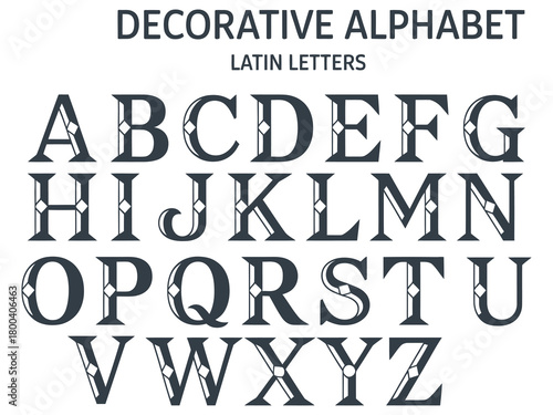 Ornate black and white decorative alphabet set, vector illustration of vintage Latin letters, unique diamond pattern design, classic typography, artistic lettering, retro style font, elegant vector 