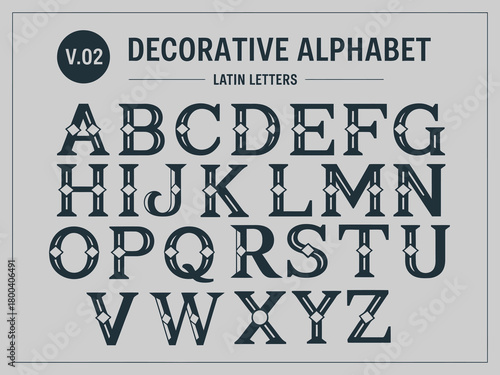 Vintage Latin letters vector set, ornate black and white alphabet, decorative typography, unique diamond pattern design, creative lettering illustration, classic artistic font, elegant vector typeface