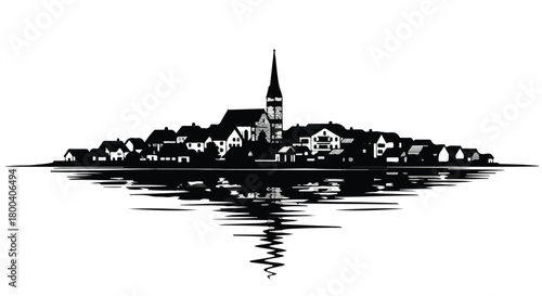 Charming village silhouette reflected in calm water under a clear sky